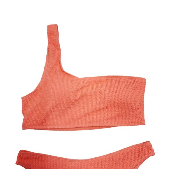 Womens Coral One-Shoulder Textured Swimsuit Bikini Set  Size L - Picture 5 of 7